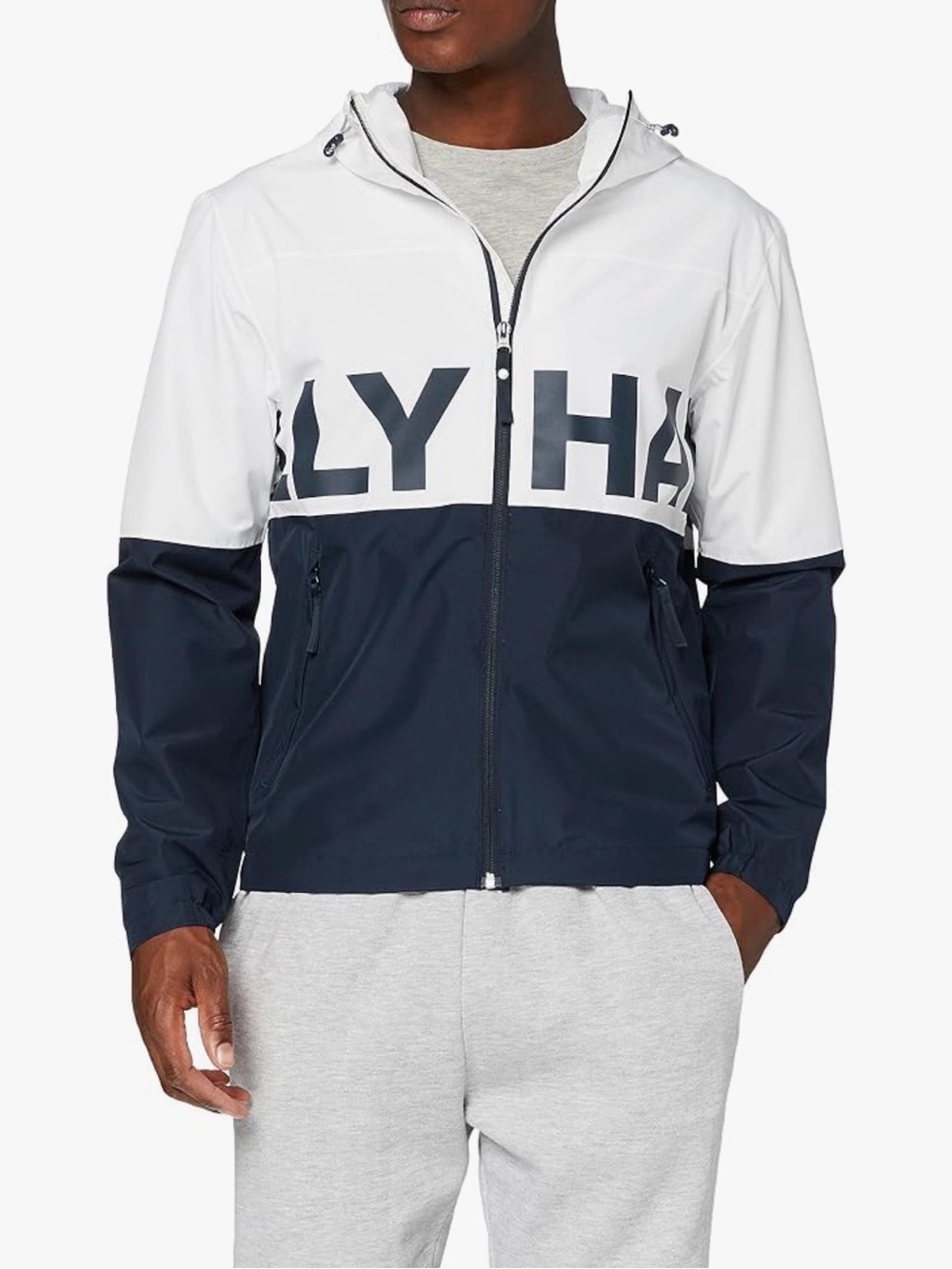 Helly Hansen Logo Hooded Windbreaker Jacket White Navy Mesh Lined Full Zip L